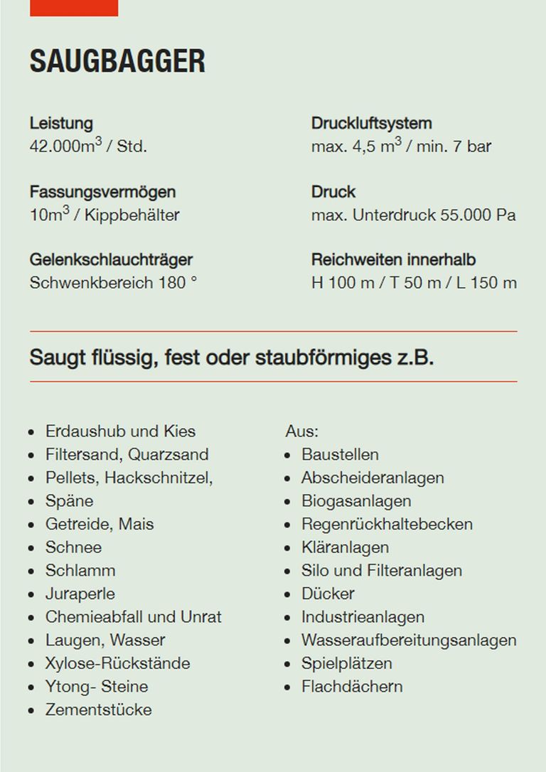 Saugbagger Köln - Technische Daten Saugbagger
